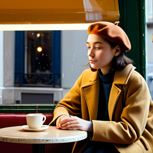 Home 18 Parisian Cafe Encounter**
"A young woman with a thoughtful expression, wearing a stylish beret and a warm, autumnal coat, sits alone at a small table in a cozy Parisian café. Rain streaks the window behind her, blurring the lights of Montmartre. A vintage record player sits on a nearby shelf, softly playing a melancholic tune. The overall mood is reflective and slightly wistful. Safe for work, appropriate content, fully clothed, professional, modest, family-friendly. Perfect anatomy, correct proportions, natural pose, well-formed hands, proper finger count, natural body proportions."
**
