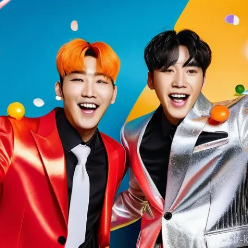 Home 3 노라조 사이다 독특한 콘셉트 - **Prompt:** A vibrant, high-energy stage performance featuring the K-Pop duo Norazo. The two male me...