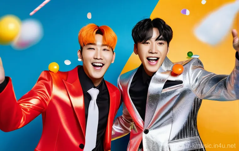 노라조 사이다 독특한 콘셉트 - **Prompt:** A vibrant, high-energy stage performance featuring the K-Pop duo Norazo. The two male me...