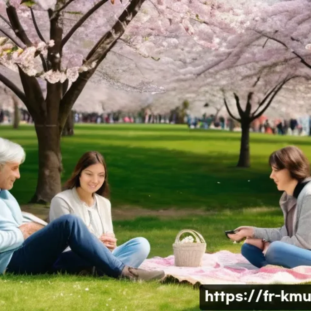 버스커버스커 벚꽃 엔딩 계절별 차트 순위 - A serene springtime scene in a French park during cherry blossom season, featuring people of diverse...