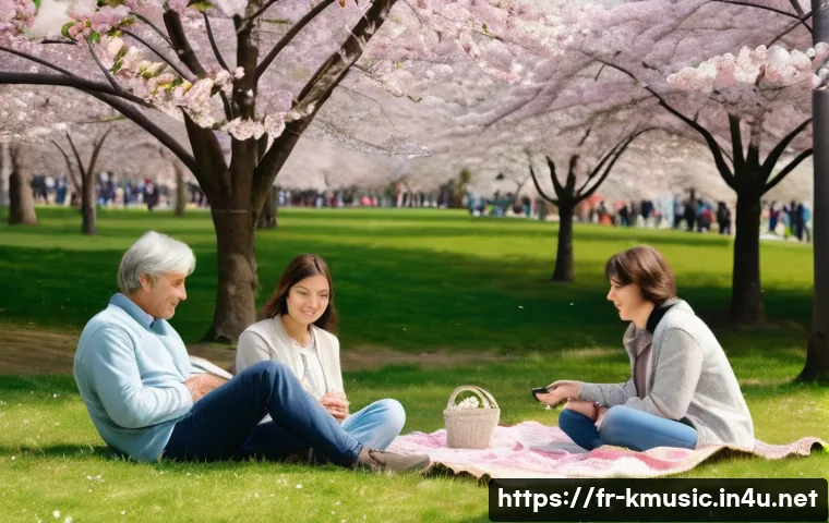 버스커버스커 벚꽃 엔딩 계절별 차트 순위 - A serene springtime scene in a French park during cherry blossom season, featuring people of diverse...