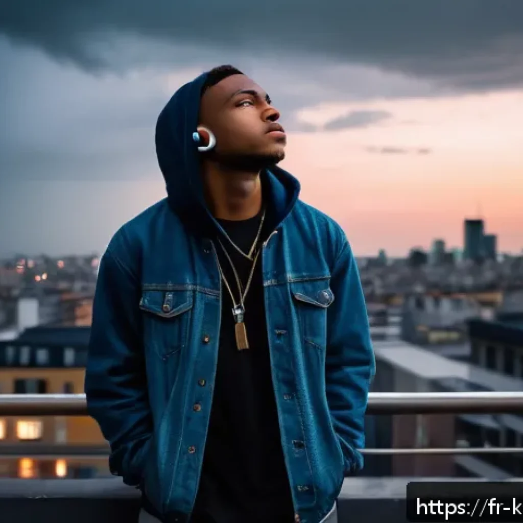 다이나믹듀오 고백 리릭 포인트 - A contemplative young adult male rapper standing alone on a dimly lit urban rooftop at dusk, wearing...