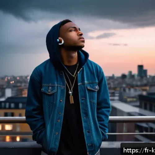 다이나믹듀오 고백 리릭 포인트 - A contemplative young adult male rapper standing alone on a dimly lit urban rooftop at dusk, wearing...