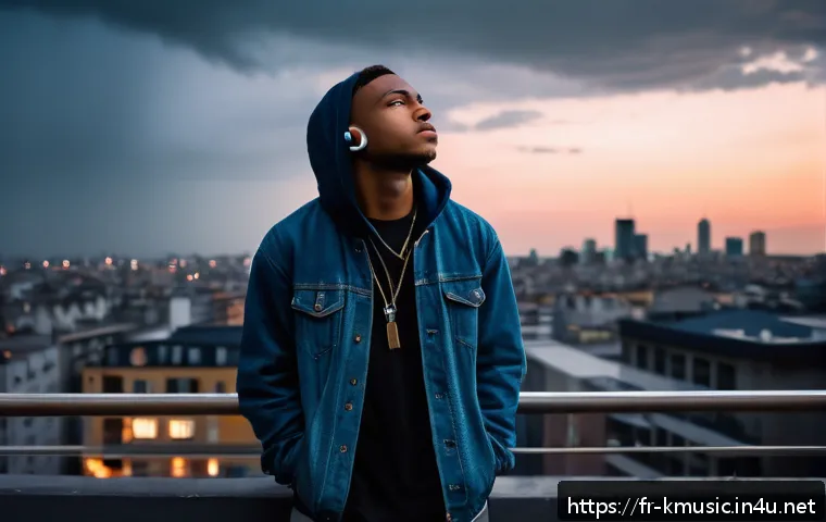다이나믹듀오 고백 리릭 포인트 - A contemplative young adult male rapper standing alone on a dimly lit urban rooftop at dusk, wearing...