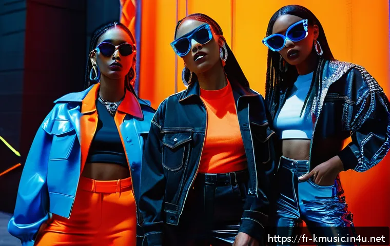 마마무 HIP 뮤직비디오 메시지 - A vibrant urban music video scene featuring four confident women dressed in stylish, colorful outfit...