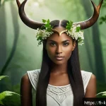 TXT 어느날 머리에서 뿔이 자랐다 콘셉트 - A striking portrait of a confident young adult woman wearing elegant, artistic horns inspired by anc...