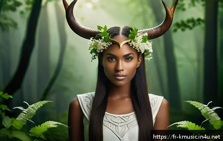 TXT 어느날 머리에서 뿔이 자랐다 콘셉트 - A striking portrait of a confident young adult woman wearing elegant, artistic horns inspired by anc...