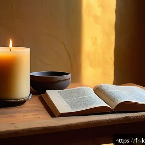 god 촛불 하나 가사의 진정성 - A serene, softly lit room featuring a natural beeswax candle burning gently on a wooden table beside...