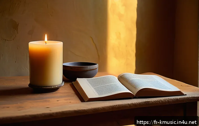 god 촛불 하나 가사의 진정성 - A serene, softly lit room featuring a natural beeswax candle burning gently on a wooden table beside...