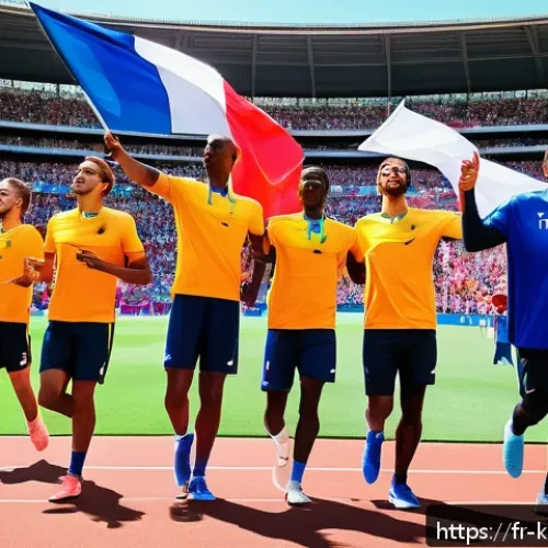 AOA 심쿵해 스포츠 행사 인기곡 - A vibrant sports stadium entrance scene in France during a sunny day, athletes energetically running...