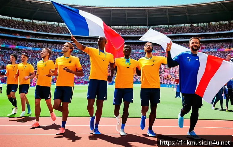 AOA 심쿵해 스포츠 행사 인기곡 - A vibrant sports stadium entrance scene in France during a sunny day, athletes energetically running...